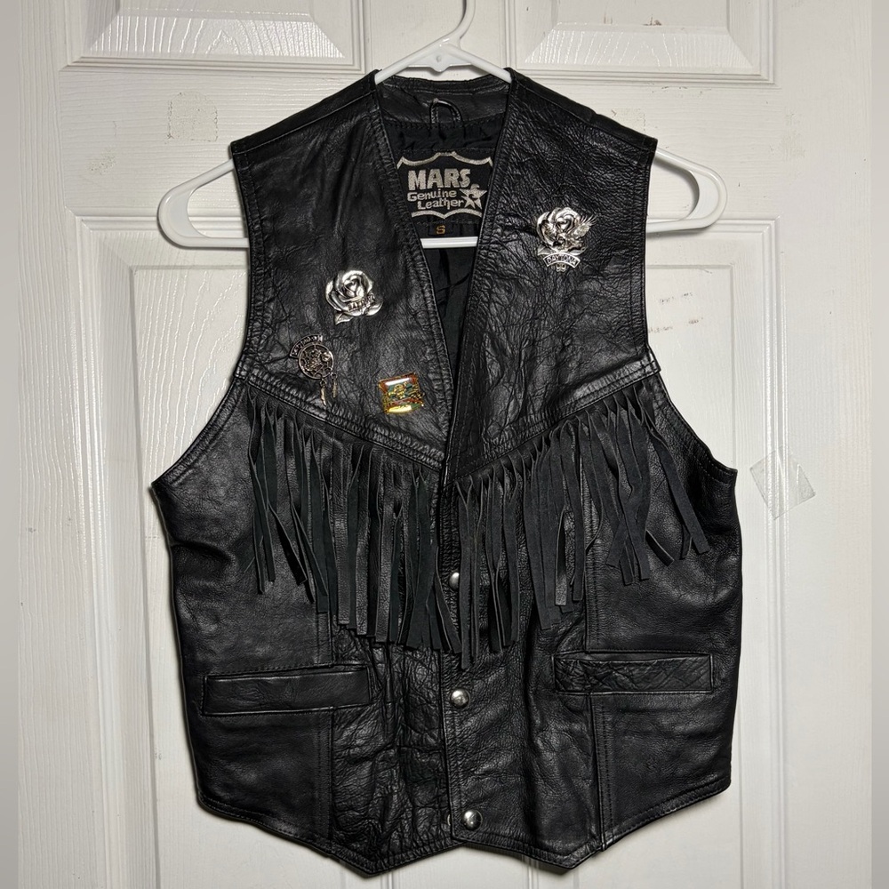 Mars Vintage Black Genuine Leather Fringe Vest with Pins Sz S